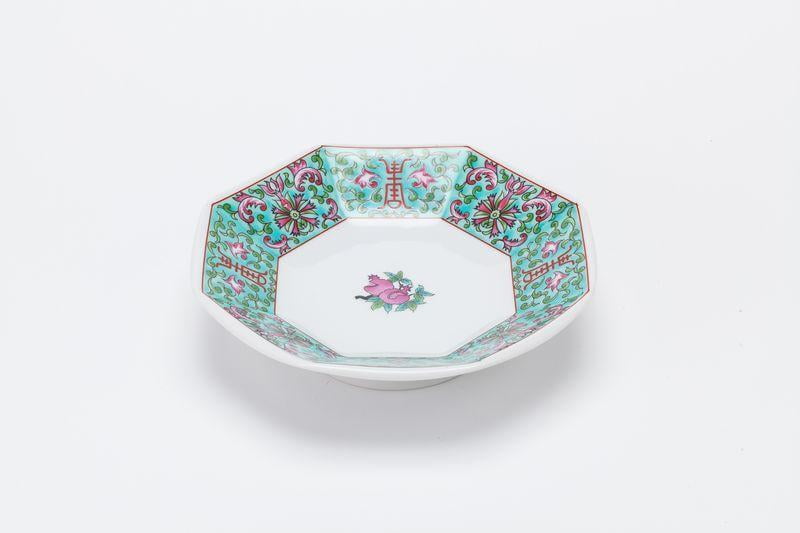 食器 - 中華皿 チャーハン器八角形 白地緑色 直径18cm 高さ5cm